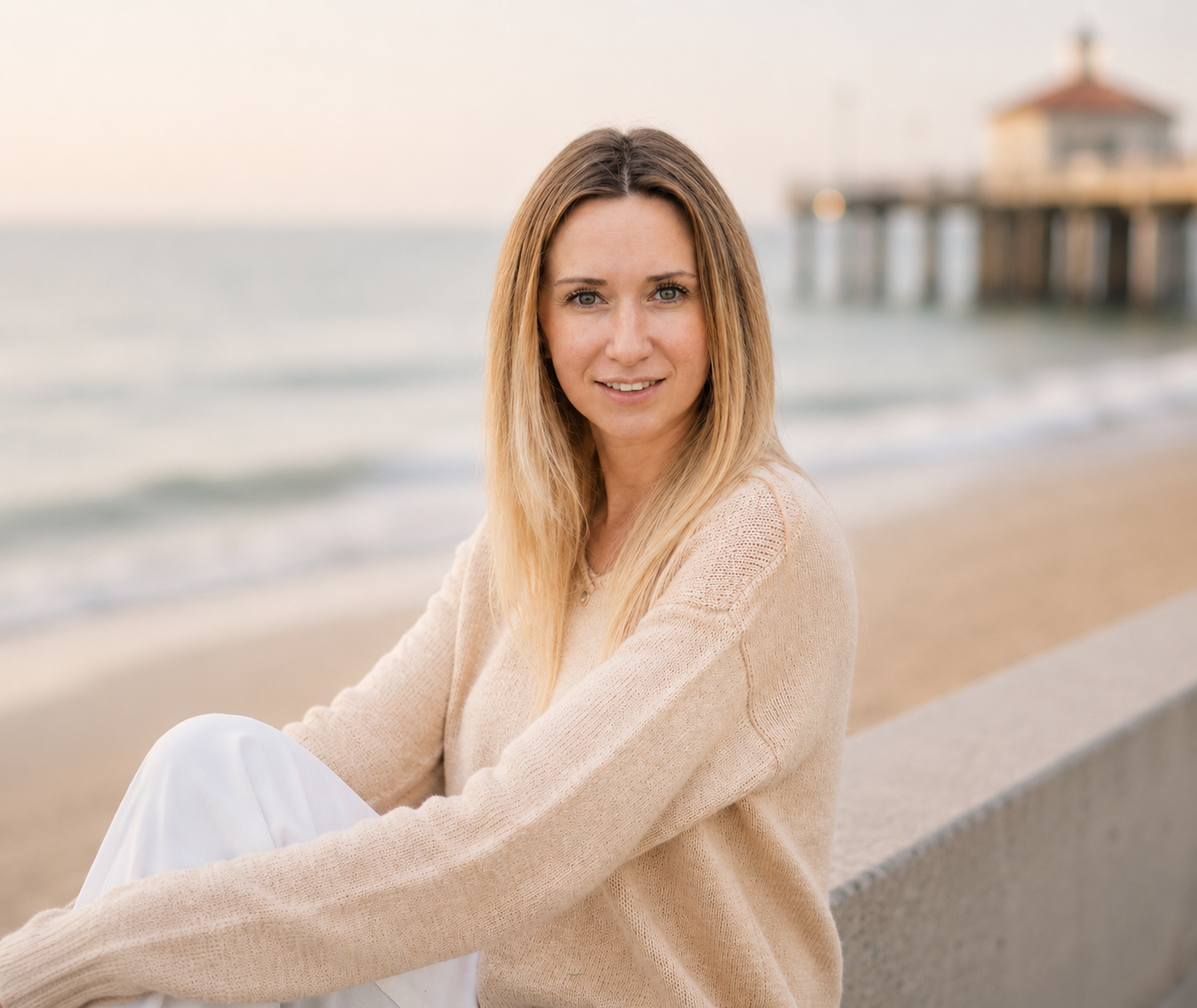 Tetiana by the Manhattan Beach pier at sunset