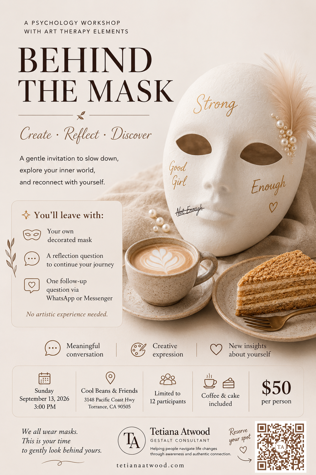 Behind the Mask workshop poster — a psychology workshop with art therapy elements, September 13, 2026, Torrance, California